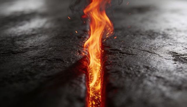 Narrow fissure emitting molten flame on dark rock with glowing embers and rising sparks