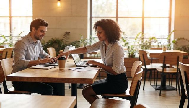 Sunlit coworking duo sharing coffee and laptops in modern cafe workspace for collaboration