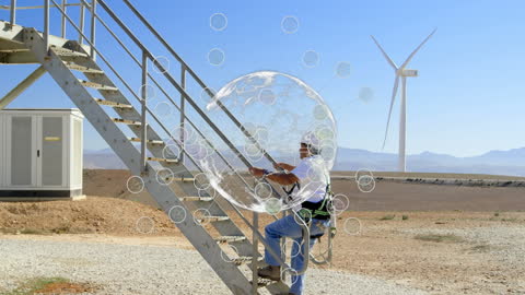 Wind Energy Technician with Digital Network Overlay: Futuristic Concept