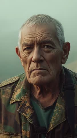Vertical video showing senior veteran returning gaze through fog while panning over chest strap