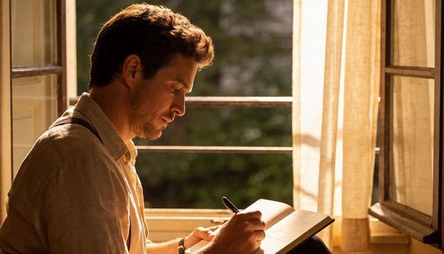 Golden hour journaling man on windowsill wearing linen shirt and suspenders