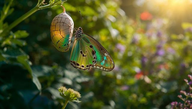 Iridescent emerald and teal butterfly emerging from cracked chrysalis at golden hour