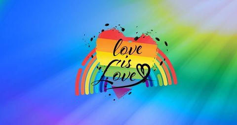 Colorful background with heart and 'love is love' rainbow design
