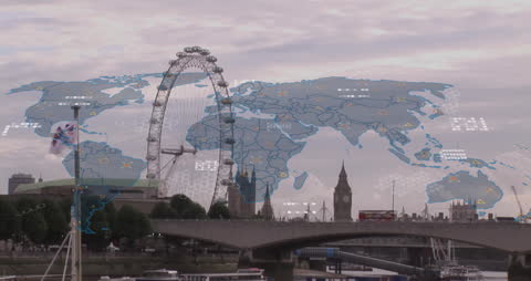 Digital World Map Interface Overlay on London Cityscape
