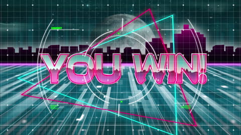 Retro Video Game Victory Screen with Neon Text