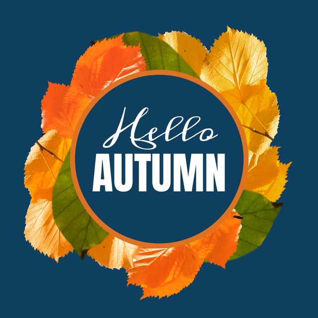 Hello Autumn Text with Colorful Leaves Background - Download Free Stock Templates Pikwizard.com