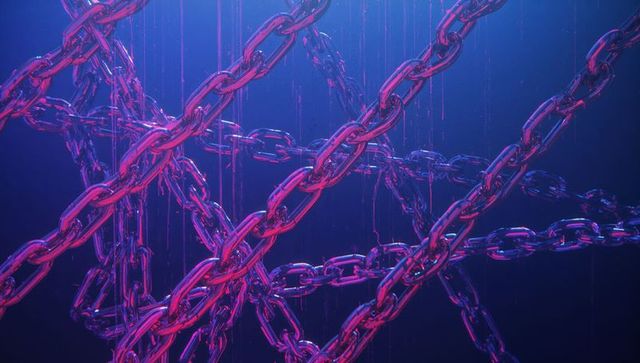 Entangled metallic chains with neon light in futuristic dark setting