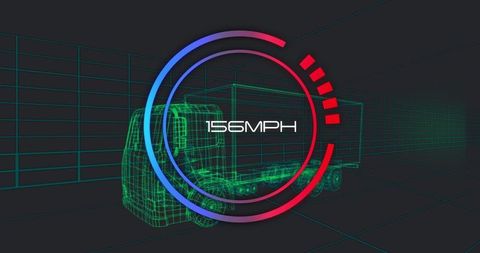 Futuristic Truck Wireframe Displaying Digital Speedometer in Virtual Grid Tunnel
