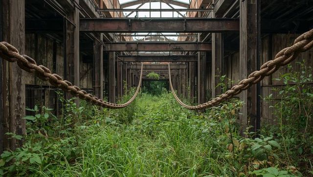 Rusted heavy chain leading through overgrown derelict factory corridor with skylight beams