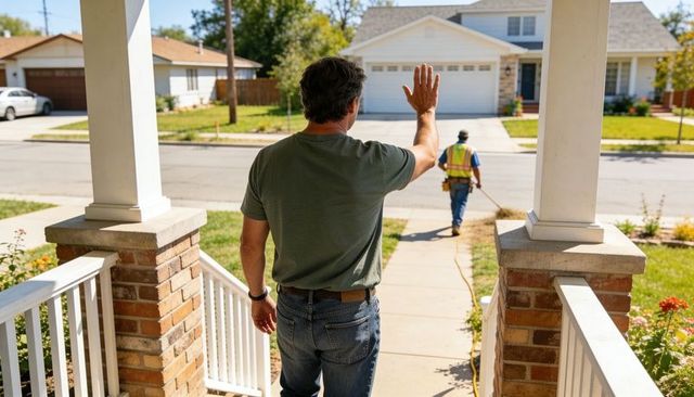 Homeowner waving from porch to landscaper walking down suburban sidewalk with garden hose