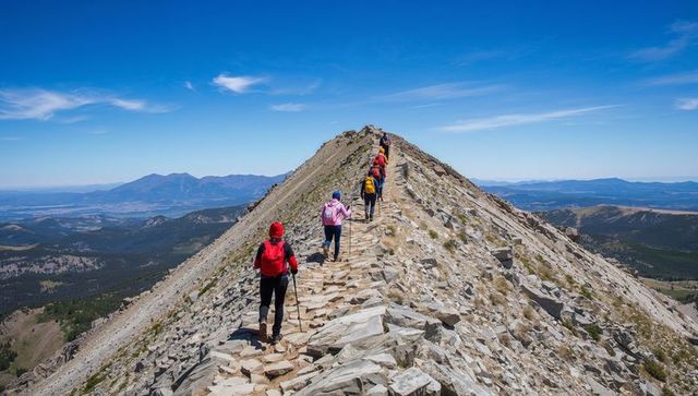 Hiking group climbing rocky mountain ridge with trekking poles and colorful backpacks
