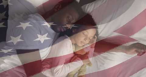 American Dream: Father and Daughter Sleeping with US Flag Overlay