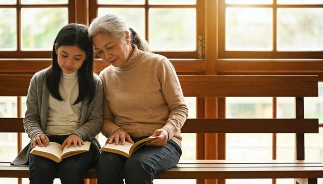 Grandmother and granddaughter reading together on sunlit wooden bench at home