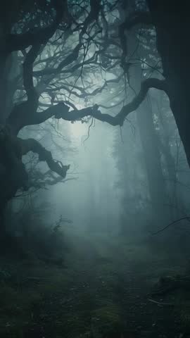Vertical video misty pine forest with twisted arching branches creating moody atmosphere