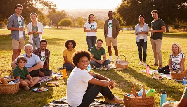 Community picnic celebrating sustainability with smiling volunteers wearing recycling tees