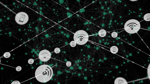 Digital Network Connectivity with Glowing Dots and Icons
