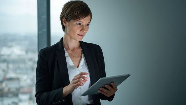 Businesswoman Utilizes Tablet in Contemporary Office Setting