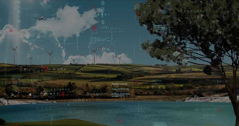 Wind Turbines Enhancing Picturesque Lakeside Rural Scene with Digital Overlay