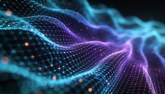 Neon wave mesh network with glowing nodes and bokeh lights for technology backgrounds