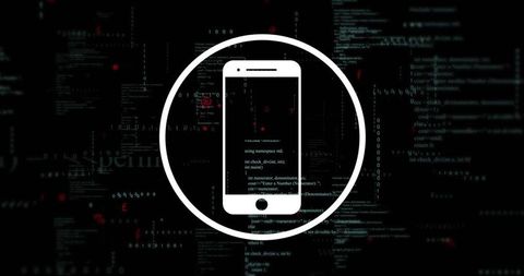 Mobile security icon displaying smartphone outline inside circular halo over code stream