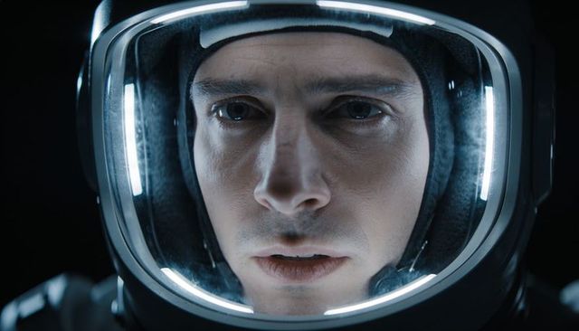 Male astronaut closeup inside illuminated helmet visor with led rings and focused gaze