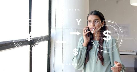 Businesswoman Discussing Finance with Digital Currency Overlay