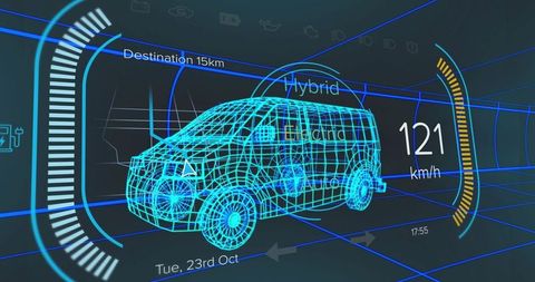 Futuristic Wireframe Van with Digital Interface and HUD