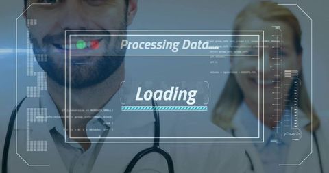 Smiling clinician with stethoscope and futuristic medical data hud loading