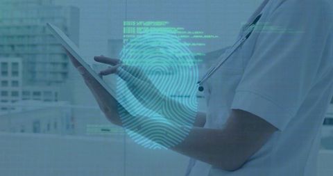 Doctor tapping tablet with holographic fingerprint overlay accessing medical records