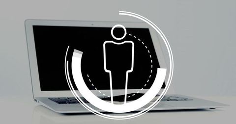 Minimal silver laptop with user glyph overlay and circular interface rings for ui mockups