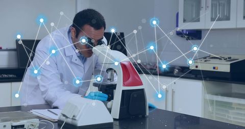 Scientist Analyzing Under Microscope with Network Graphics Overlay - Download Free Stock Images Pikwizard.com