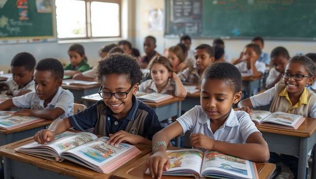 Engaged students reading in active classroom environment