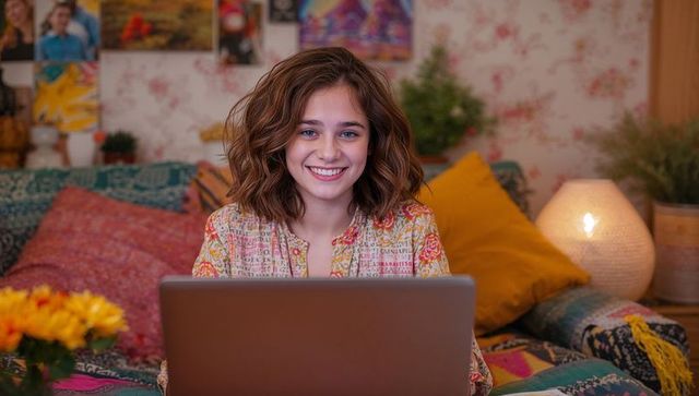 Teen smiling while working on laptop on bohemian couch surrounded by colorful textiles