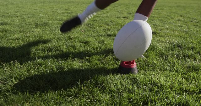 Legs of african american boy rugby player kicking ball on rugby field with copy space. Rugby, sports, competition, team and teenage hood concept, unaltered.