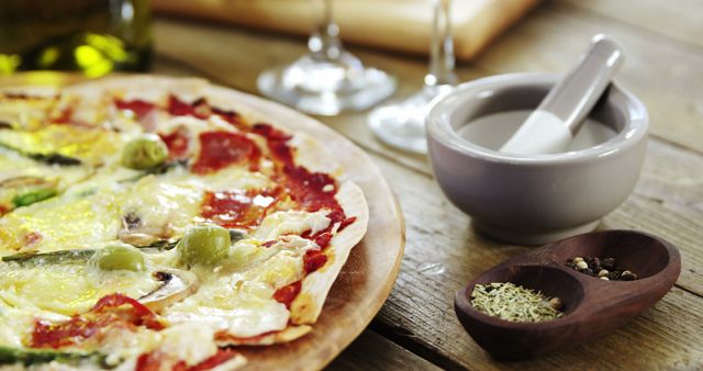 Freshly baked pepperoni pizza with green olives on wooden table alongside a mortar and pestle with herbs. Perfect for use in food blogs, menu designs, and culinary websites showcasing Italian cuisine and recipes.