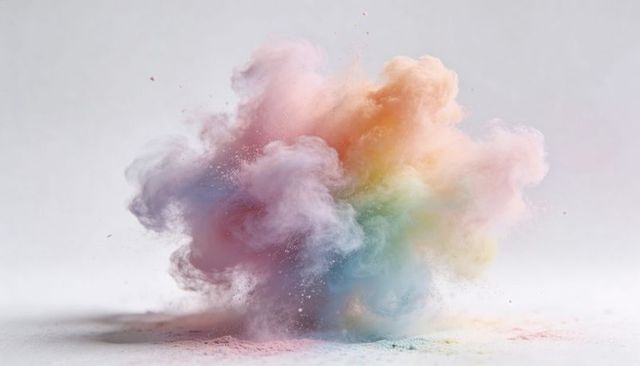 Hovering pastel powder cloud releasing multicolored dust over white surface, soft shadow