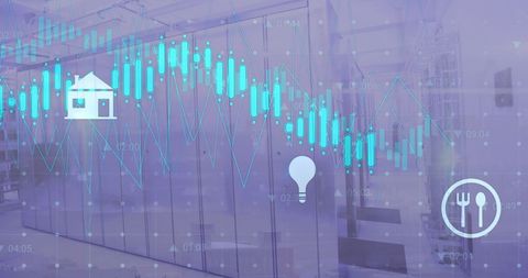 Digital Data Processing with Icons Over Computer Servers