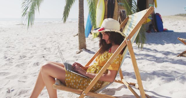 Woman Relaxing on Tropical Beach Working on Laptop - Download Free Stock Images Pikwizard.com