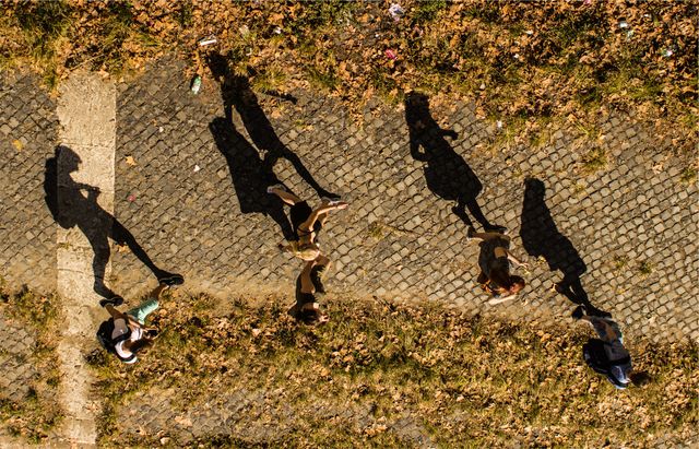 Photo features people walking on a cobblestone path from an aerial perspective, with long shadows casting on the ground. The setting is outdoors with autumn leaves scattered around, indicating a fall environment. Perfect for illustrating themes of movement, daily life, seasons changing, urban exploration, or outdoor activities.