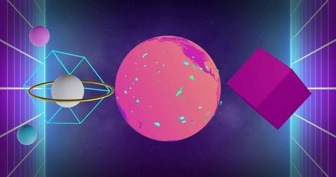 Glowing Magenta Planet Floating Among Neon Geometric Shapes in Synthwave Space