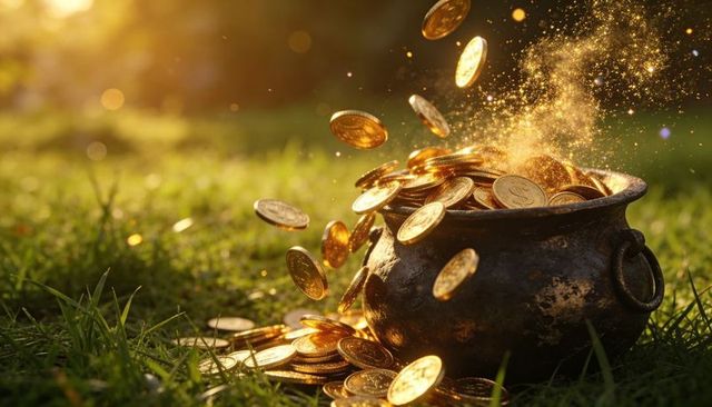 Overflowing cauldron spilling golden coins with sparkling dust in sunlit meadow at dusk