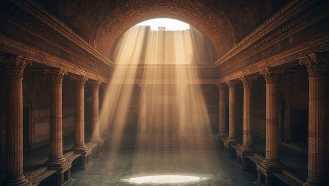 Sunlight streaming through oculus in neoclassical colonnaded hall with golden rays