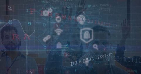 Cybersecurity training with colleagues raising hands and padlock icons