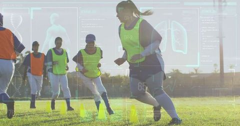 Diverse Female Baseball Team Training with Futuristic Data Overlay