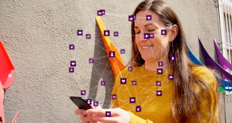 Smiling Woman Engaged with Digital Network Overlay on Smartphone