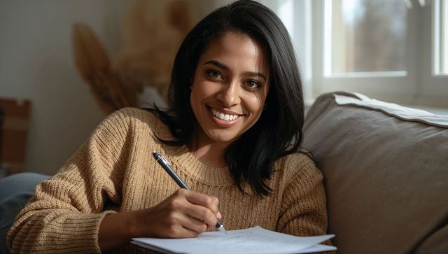 Woman writing on couch in cozy living room