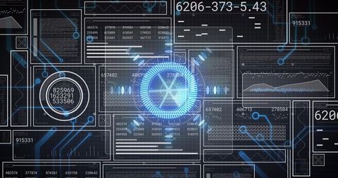 Futuristic hud dashboard with pulsing central interface, neon analytics and circuitry