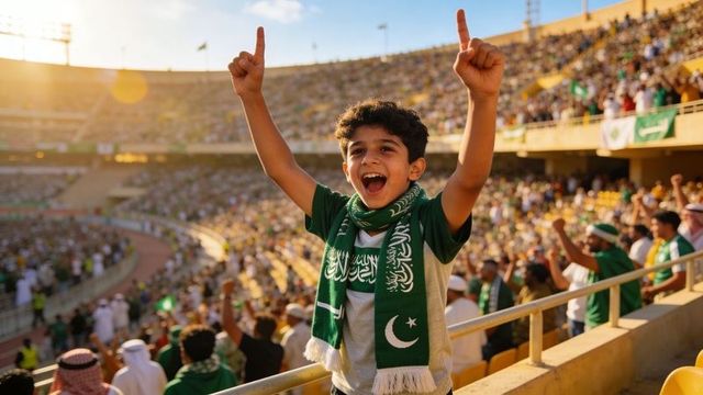 Young fan celebrating with arms raised wearing green scarf with arabic script at stadium