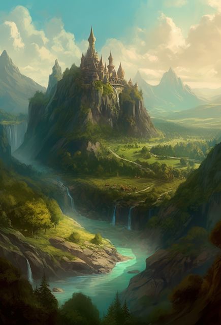 Landscape with castle by river and mountains, created using generative ai technology. Scenic, nature and fairytale concept digitally generated image.