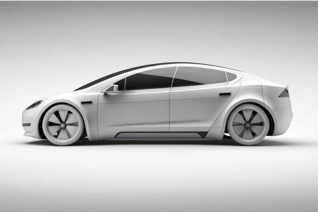 White electric car parked on white background, created using generative ai technology. Electric car and eco transport concept digitally generated image.
